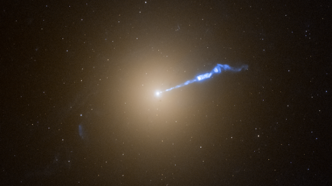 A 3,000-light-year-long jet of plasma shooting out from galaxy M87's supermassive black hole.