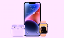 Airpods, iPhone and Apple Watch, all with a purple glow