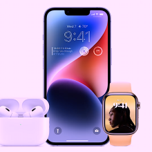 Airpods, iPhone and Apple Watch, all with a purple glow