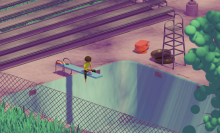 A teenage boy sits on a diving board above an empty swimming pool.