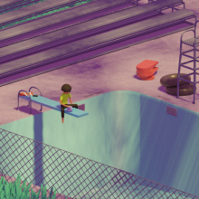 A teenage boy sits on a diving board above an empty swimming pool.