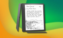 Amazon Kindle Scribe on yellow and green abstract background