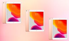 Refurbished Apple iPad 7th Gen on a colorful background.