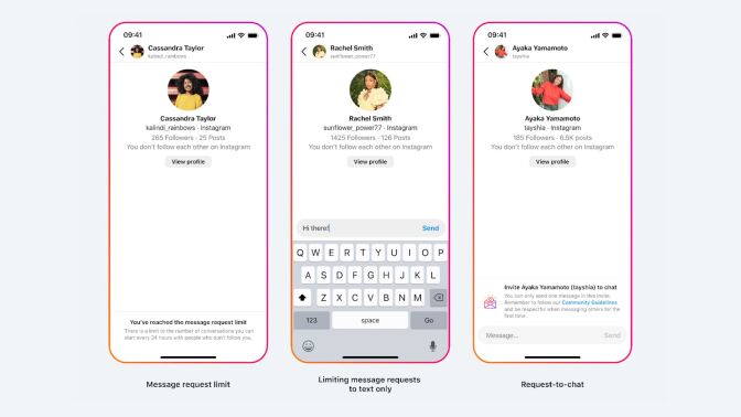 Three screenshots of phones displaying Instagram and Messenger.