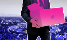 Man in suit holding cardboard box superimposed against image of Apple Park 