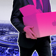 Man in suit holding cardboard box superimposed against image of Apple Park 