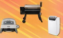 a cuisinart pizza oven, Traeger grill, and honeywell portable air conditioner on an orange background