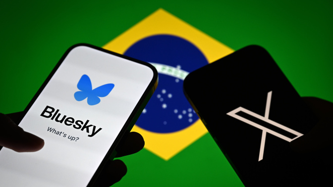 X and Bluesky on smartphones with Brazil's flag in the background