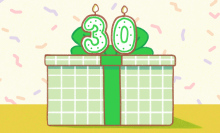 illustration of a gift-shaped birthday cake with a candle in the shape of the number 30