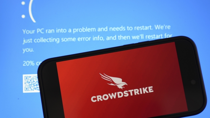 CrowdStrike logo over the Microsoft Windows blue screen of death