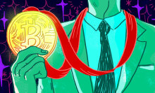 A person holds up a medallion with a bitcoin symbol on it
