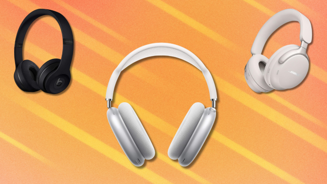 Headphones on orange and white abstract background