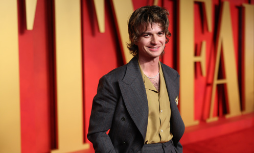 Joe Keery smiling on the red carpet of Vanity Fair Oscars after party.