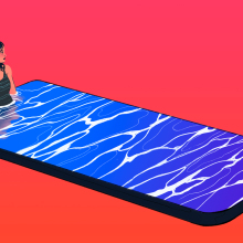 A woman sits in a pool that is the surface of a phone, in this illustration.