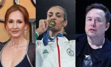 Three people are shown side-by-side: A woman on the left, a woman with a gold medal in the middle, and a man on the right.