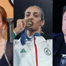 Three people are shown side-by-side: A woman on the left, a woman with a gold medal in the middle, and a man on the right.