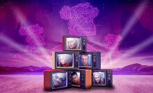 An illustration of several televisions stacked on one another, each with a different celebrity on the screen.