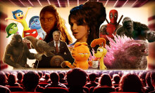 An movie theater with a screen full of characters from upcoming movies. 