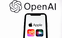 Apple iOS 18 logo seen displayed on an Apple iPhone with Open AI logo in the background