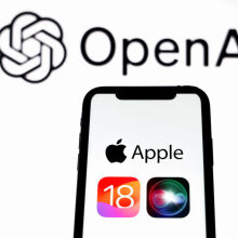 Apple iOS 18 logo seen displayed on an Apple iPhone with Open AI logo in the background