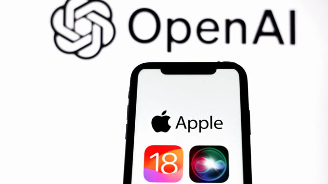 Apple iOS 18 logo seen displayed on an Apple iPhone with Open AI logo in the background