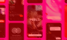 screenshots of the feeld app doubled in red tint