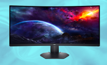 Dell 34 Curved Gaming Monitor on light blue background