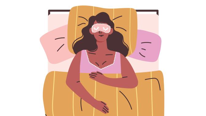 An illustration of a woman sleeping with an eyemask on.