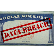 Social Security card with the words 'Data Breach' stamped across it