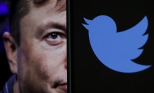 elon musk's face side by side with phone showing twitter logo