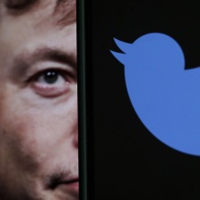 elon musk's face side by side with phone showing twitter logo