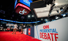 People mingle in the CNN Spin Room ahead of a CNN Presidential Debate on June 27, 2024 in Atlanta, Georgia