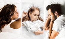 triptych of two adults and one child sleeping peacefully