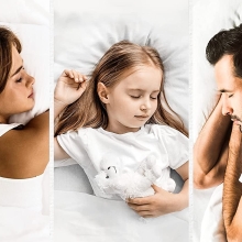 triptych of two adults and one child sleeping peacefully
