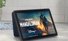 a fire 10 HD tablet sits on a countertop showing the mandalorian 