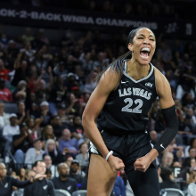 A'ja Wilson of the Las Vegas Aces celebrates after scoring