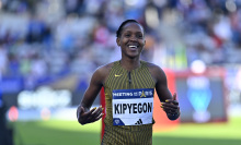 Faith Kipyegon reacts after winning the 1500m Women during the Paris 2024 Diamond League