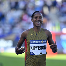 Faith Kipyegon reacts after winning the 1500m Women during the Paris 2024 Diamond League