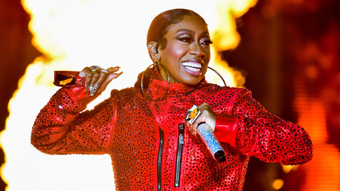 Missy Elliott performs onstage during the Lovers & Friends music festival at the Las Vegas Festival Grounds.