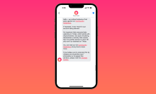 Tinder's new in-app warning in front of pink and orange gradient background.