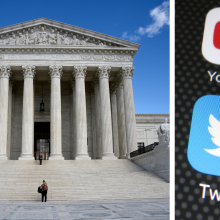 A split photo: on the left, the white columns of the United States Supreme Court building in daylight. On the right, a screenshot of the YouTube and Twitter app buttons on a phone.