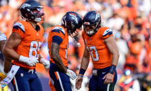 Troy Franklin and Bo Nix of the Denver Broncos celebrate