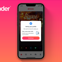 tinder display on phone with pink and orange background