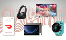 DoorDash gift card, Soundcore headphones, Garmin smartwatch, Amazon Fire TV, and Samsung tablet with gray and pink background