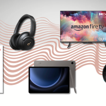 DoorDash gift card, Soundcore headphones, Garmin smartwatch, Amazon Fire TV, and Samsung tablet with gray and pink background