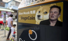 A Dogecoin ad featuring an illustrated shiba inu dog beside a picture of Elon Musk.