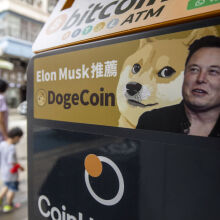 A Dogecoin ad featuring an illustrated shiba inu dog beside a picture of Elon Musk.