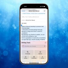 ios 18 Writing Tools feature on an iPhone against an abstract blue background