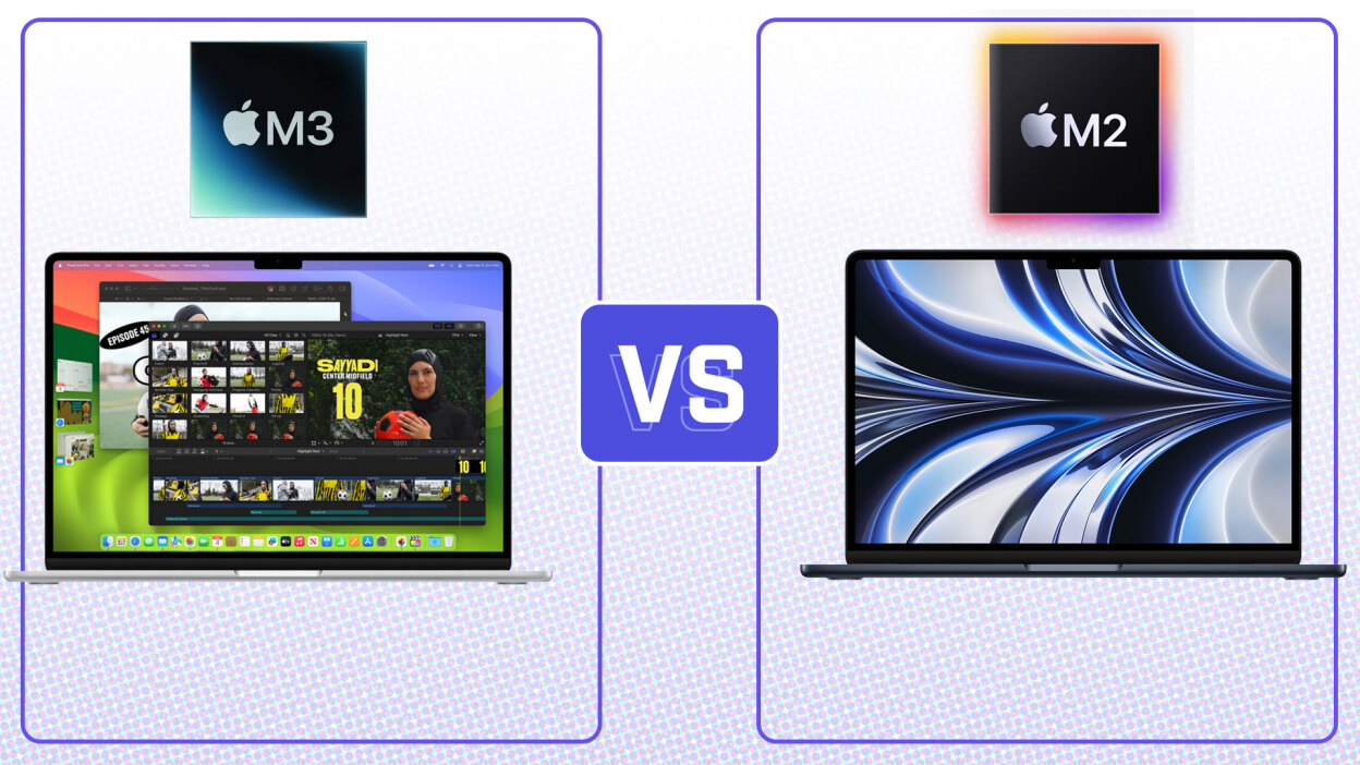  The image depicts a comparison between two Apple MacBook computers, differentiated by their processors, the M3 and the M2. On the left, there is a MacBook with a colorful display showing various multimedia editing timelines, representing the M3 chip, which is also shown above the laptop. On the right, there is a MacBook displaying a swirling blue abstract design, representing the M2 chip, with its icon displayed above. Centered between the two laptops is a blue "VS" symbol, indicating a versus comparison. The background is a light pattern with purple accents around the laptops and chip icons.