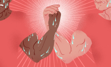 Illustration of two men holding hands and tensing muscles and sweating profusely. 